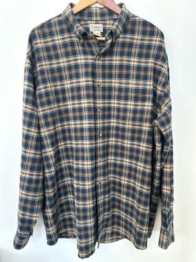 L.L.Bean Plaid Flannel Shirt XL Reg Blue Tan Classic Fit Cotton